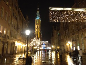 Dlugi Targ, a street near our hotel in Gdansk, aglow at night.