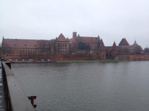 Outside view of the Malbork Fortress, a Gothic castle that is the biggest brick fortress in the world (construction beginning in 1274).